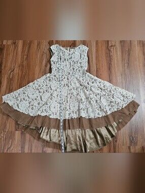 Mia Joy Girls Size 10 Ivory Lace Fit-and-Flare Dress with Brown & Gold Trim